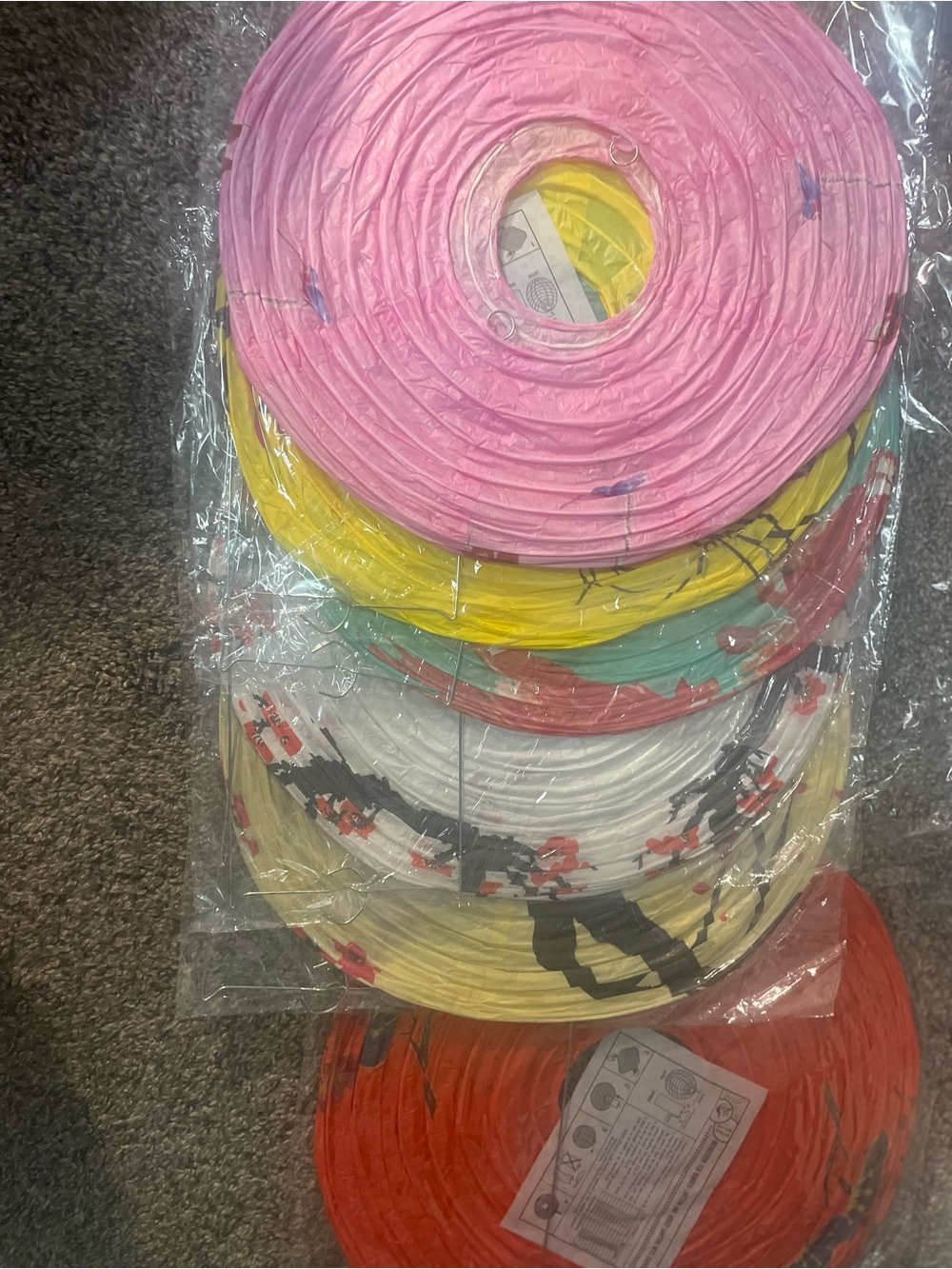Japanese Paper Lanterns 6 piece Set - Pink, Yellow, Green, Red, White and Cream